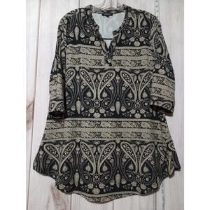 Othyroce Tunic Shirt Womens 1X Black Beige Paisley Floral 3/4 Sleeve Stretch Top